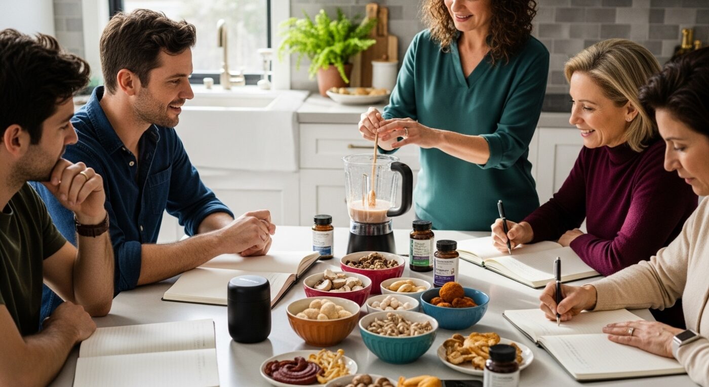 mushroom wellness, healthy lifestyle, people and mushrooms