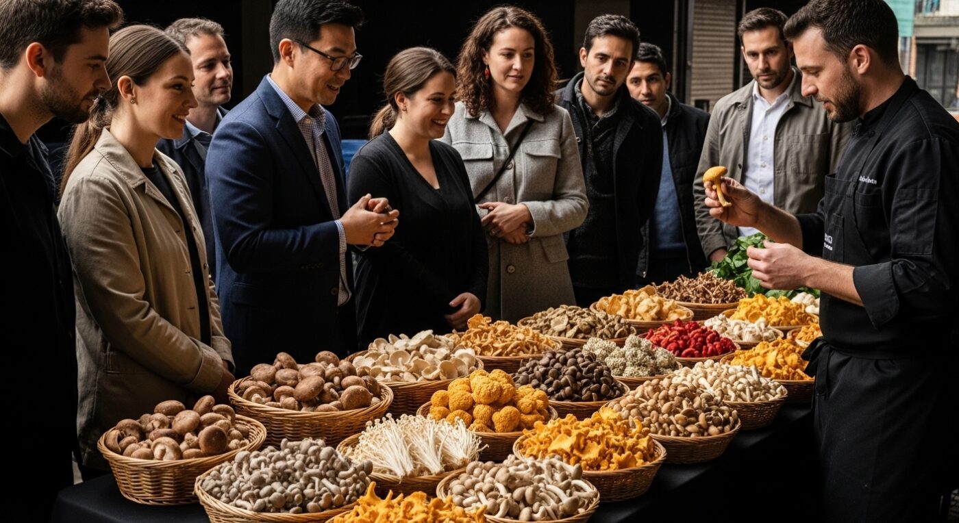 edible mushroom varieties, educational farmer's market, human interaction